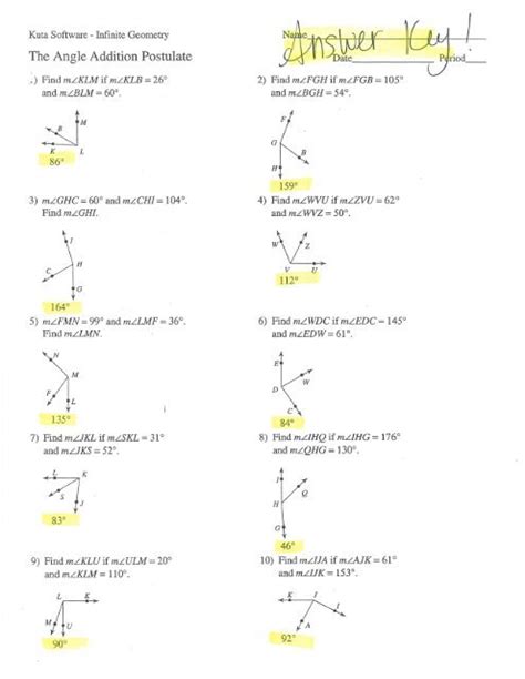 angle addition postulate worksheet answer key